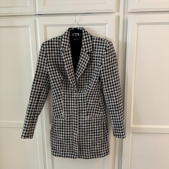 Zara Structured Houndstooth Tweed Blazer Dress Black/White - Picture 2 of 6